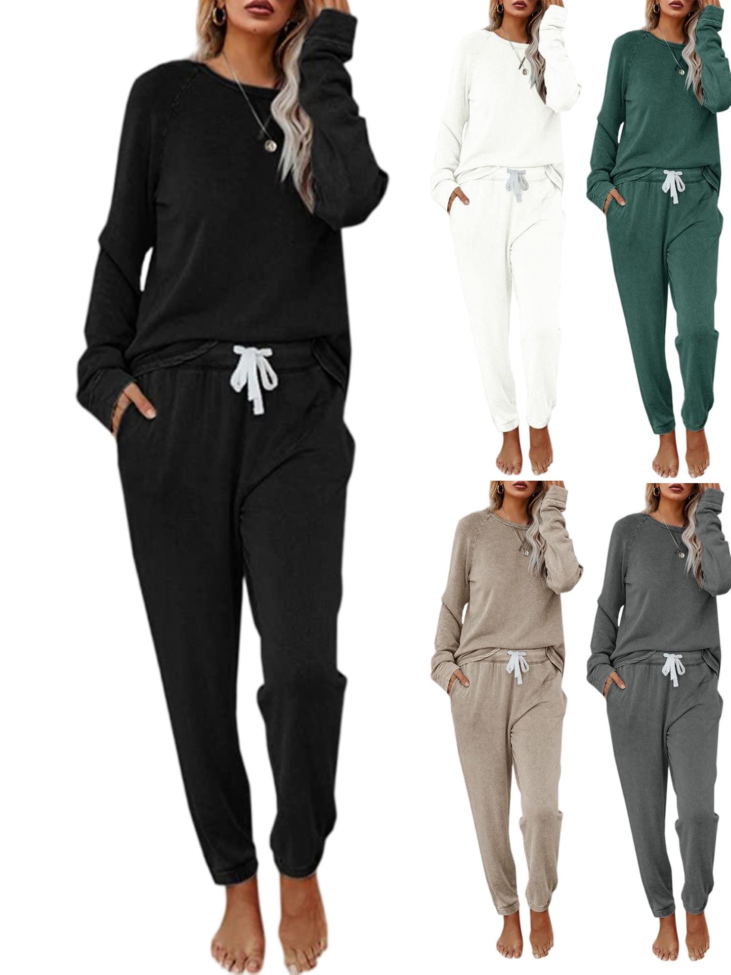 Women Solid Sweatsuit Set Crewneck Pullover Sweatpants