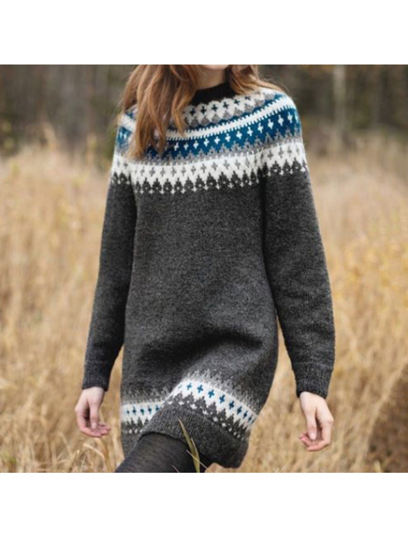 Geometric Jacquard Bodycon Midi Dress Long Sleeve Crew Neck