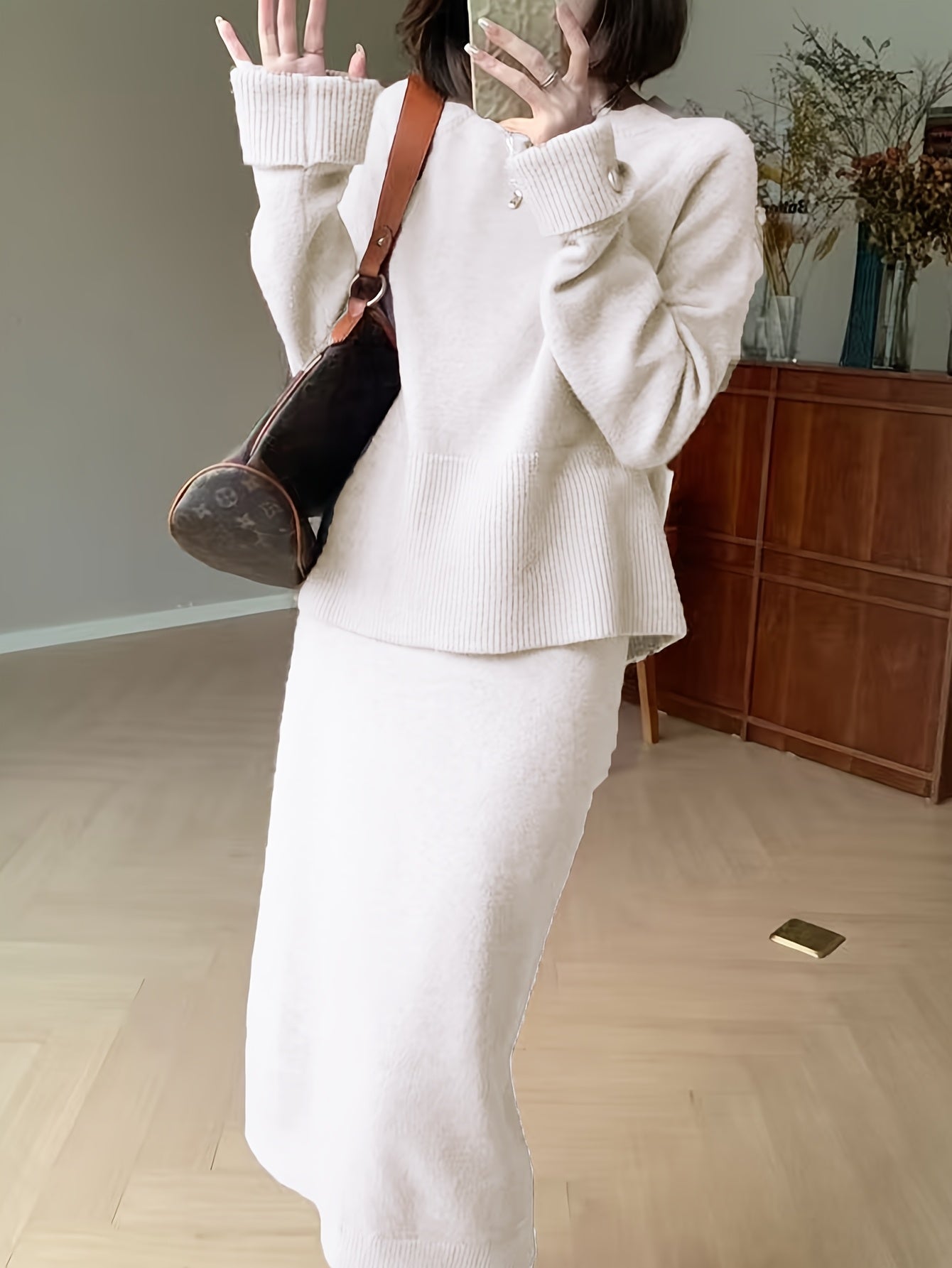 French Inspired Loose Fit Sweater And Skirt Set For Women