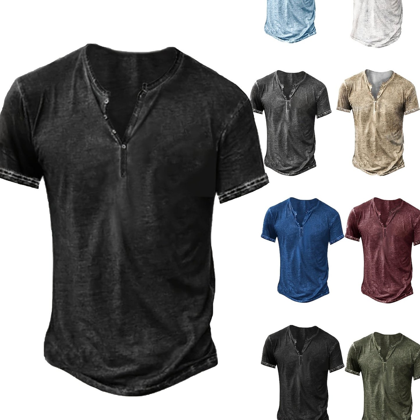 Mens Distressed Henley Shirt Short Sleeve Cotton Slim Fit