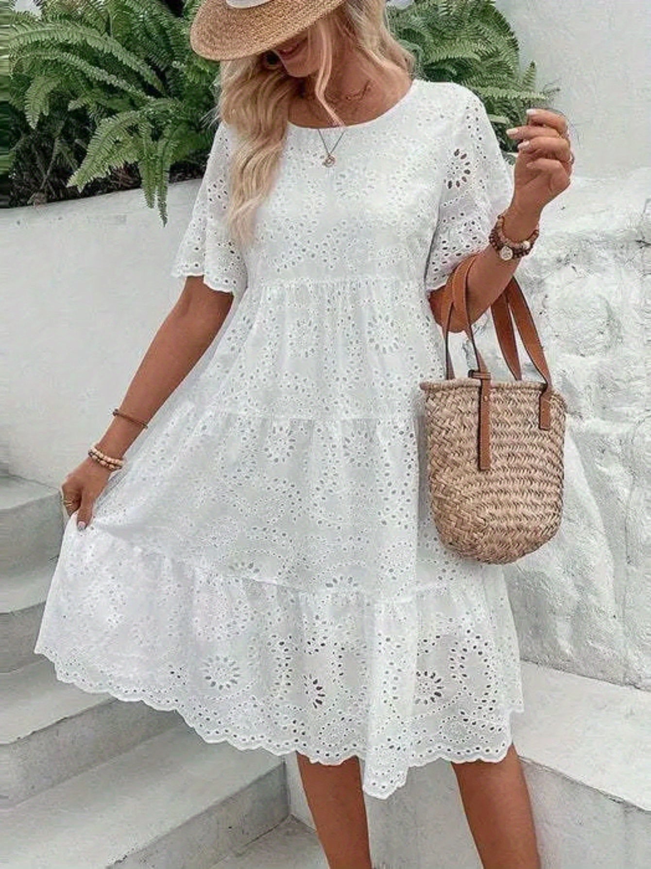 Lined Embroidered Lace Eyelet A Line Dress Button Front