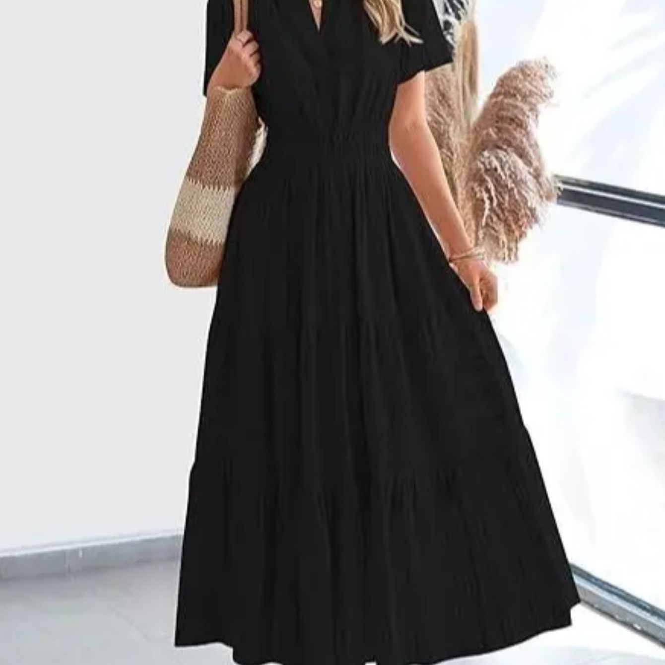 ZOELNIC Pleated Bubble Sleeve Dress V Neck Elegant Swing