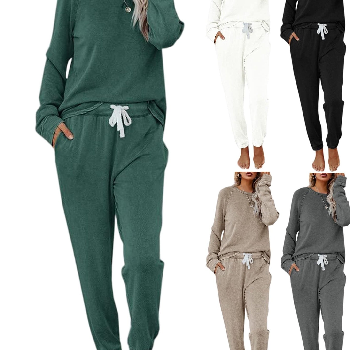 Women Solid Sweatsuit Set Crewneck Pullover Sweatpants