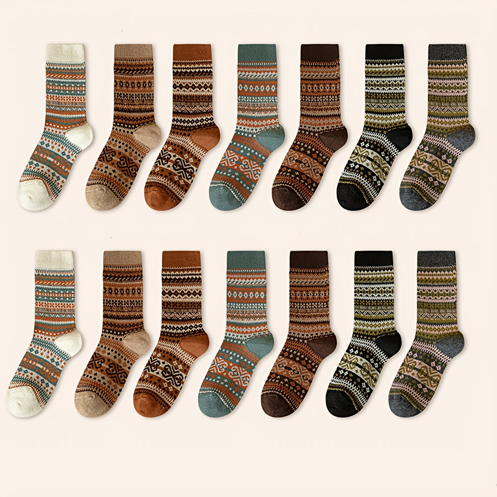 Retro Ethnic Mid Calf Socks For Women Chunky Knit Autumn