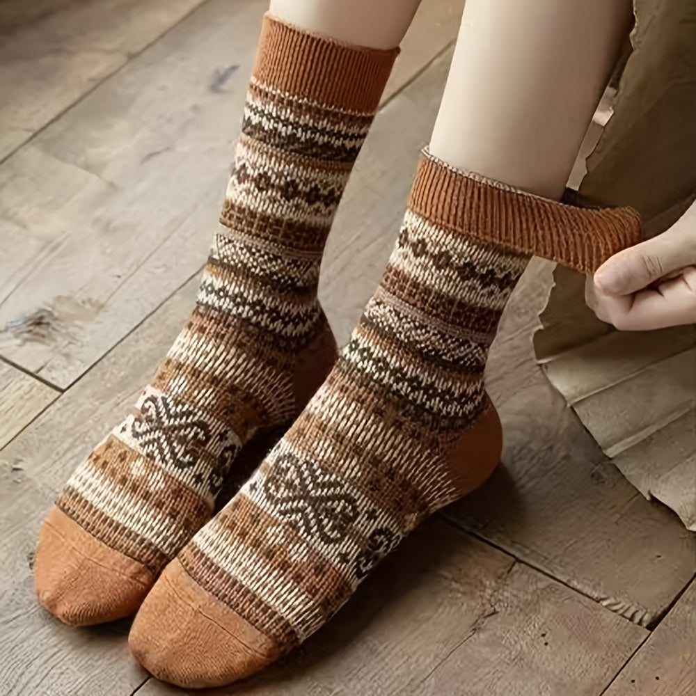 Retro Ethnic Mid Calf Socks For Women Chunky Knit Autumn