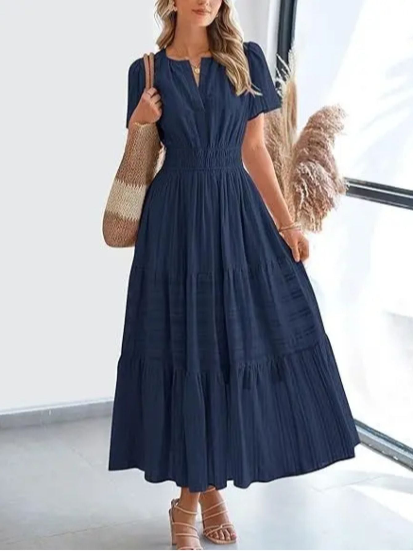 ZOELNIC Pleated Bubble Sleeve Dress V Neck Elegant Swing