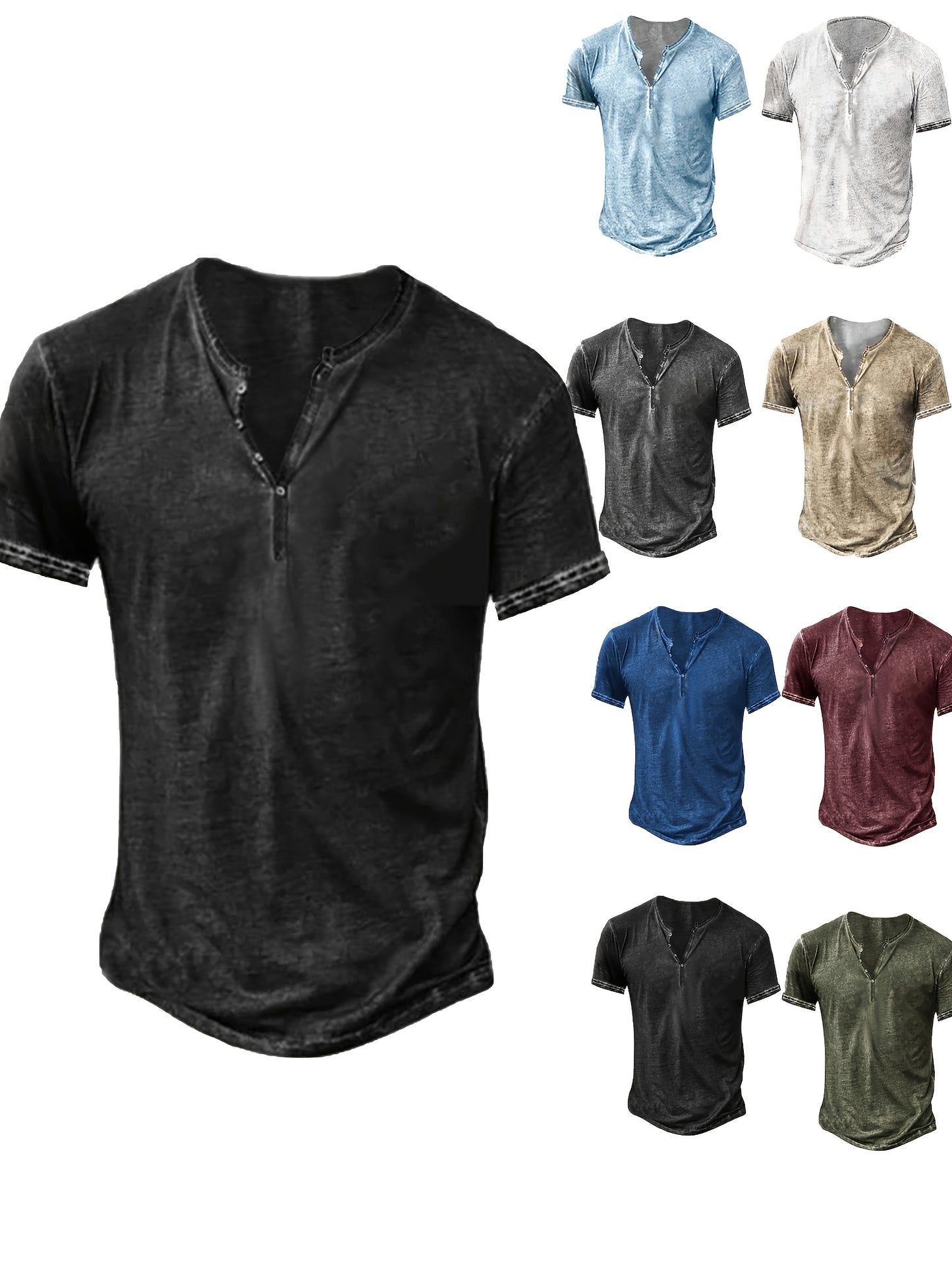 Mens Distressed Henley Shirt Short Sleeve Cotton Slim Fit