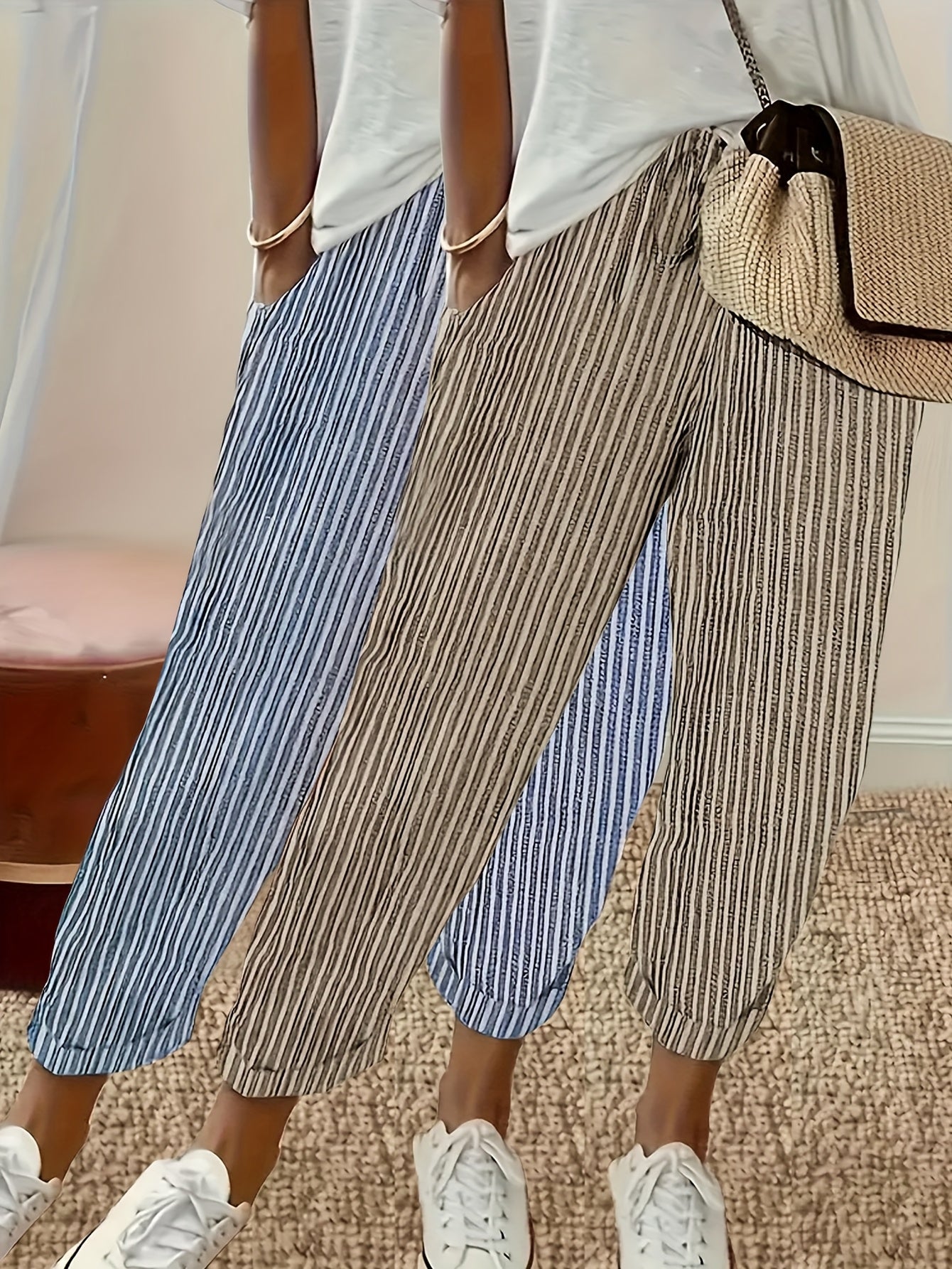 Two Pack Striped Casual Polyester Pants All Season Wear