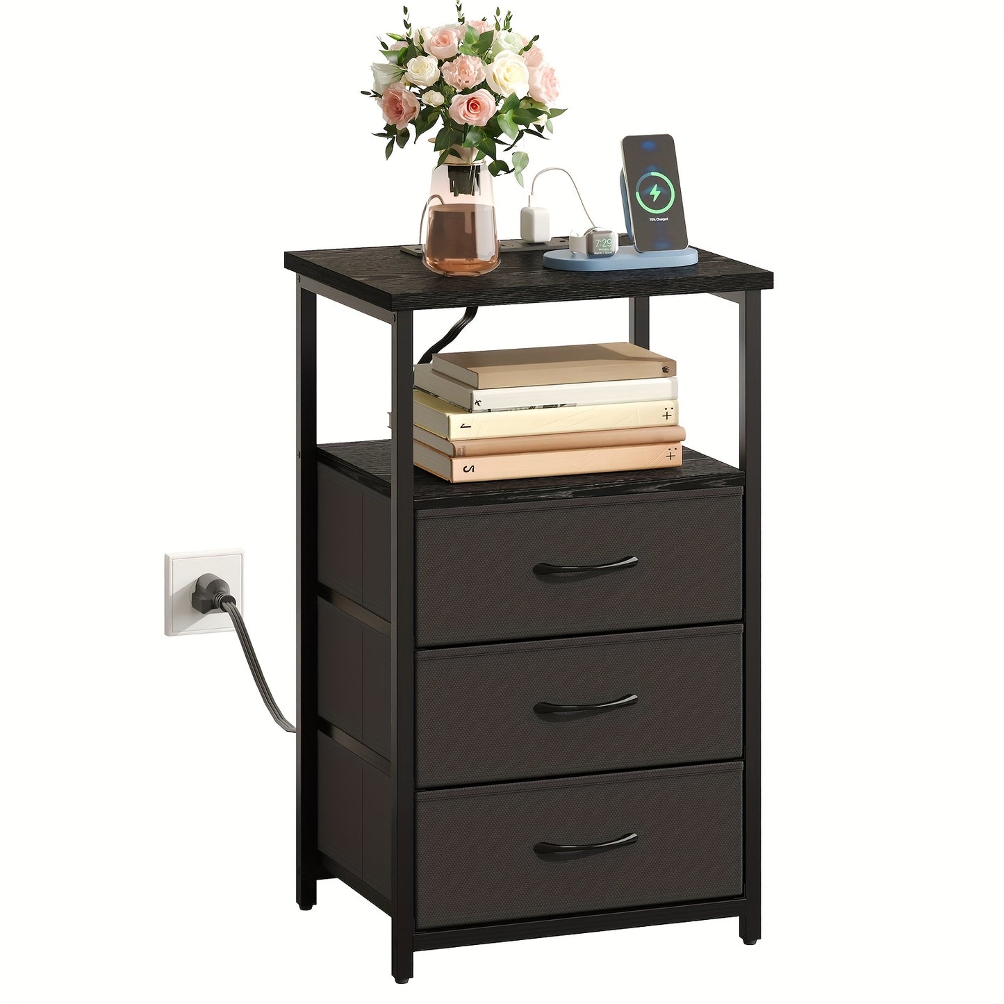 WHONLINE Night Stand with Charging Station and Fabric Drawers