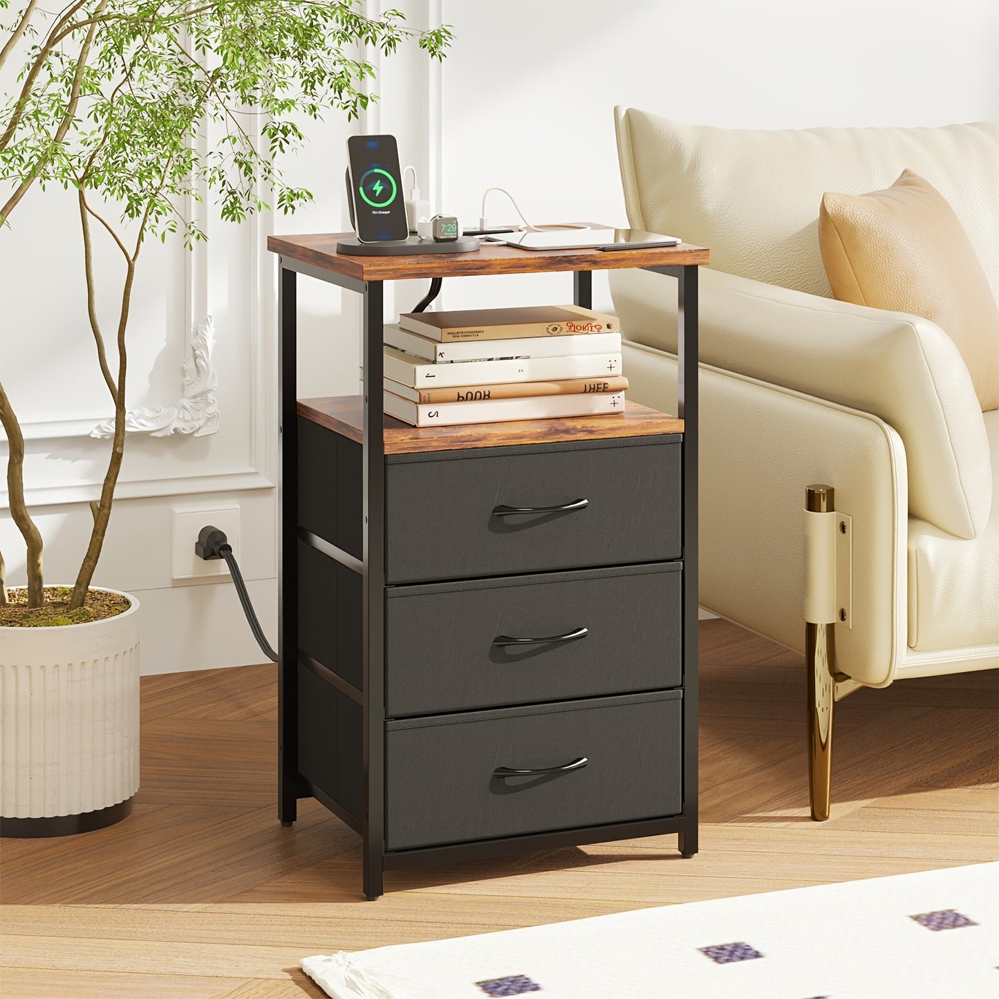 WHONLINE Night Stand with Charging Station and Fabric Drawers