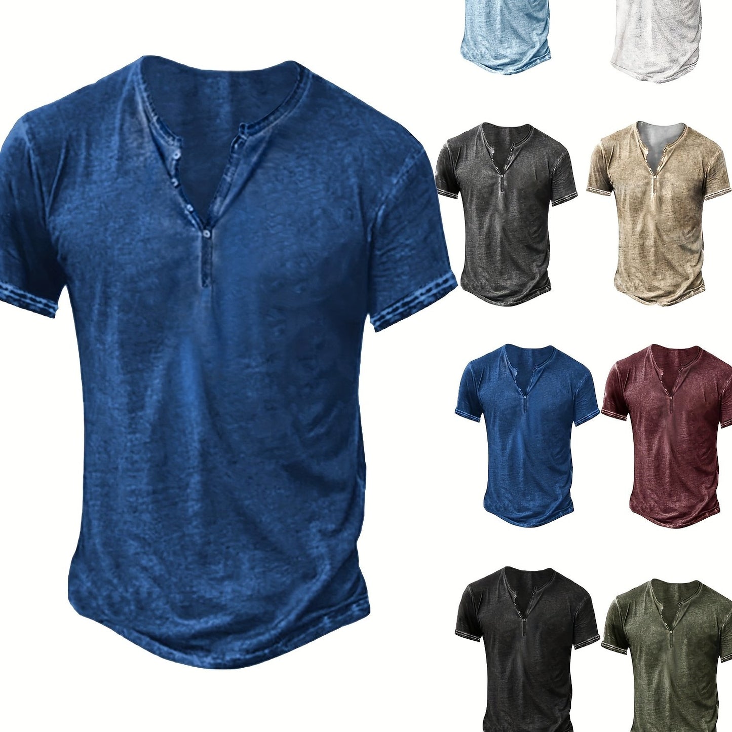 Mens Distressed Henley Shirt Short Sleeve Cotton Slim Fit
