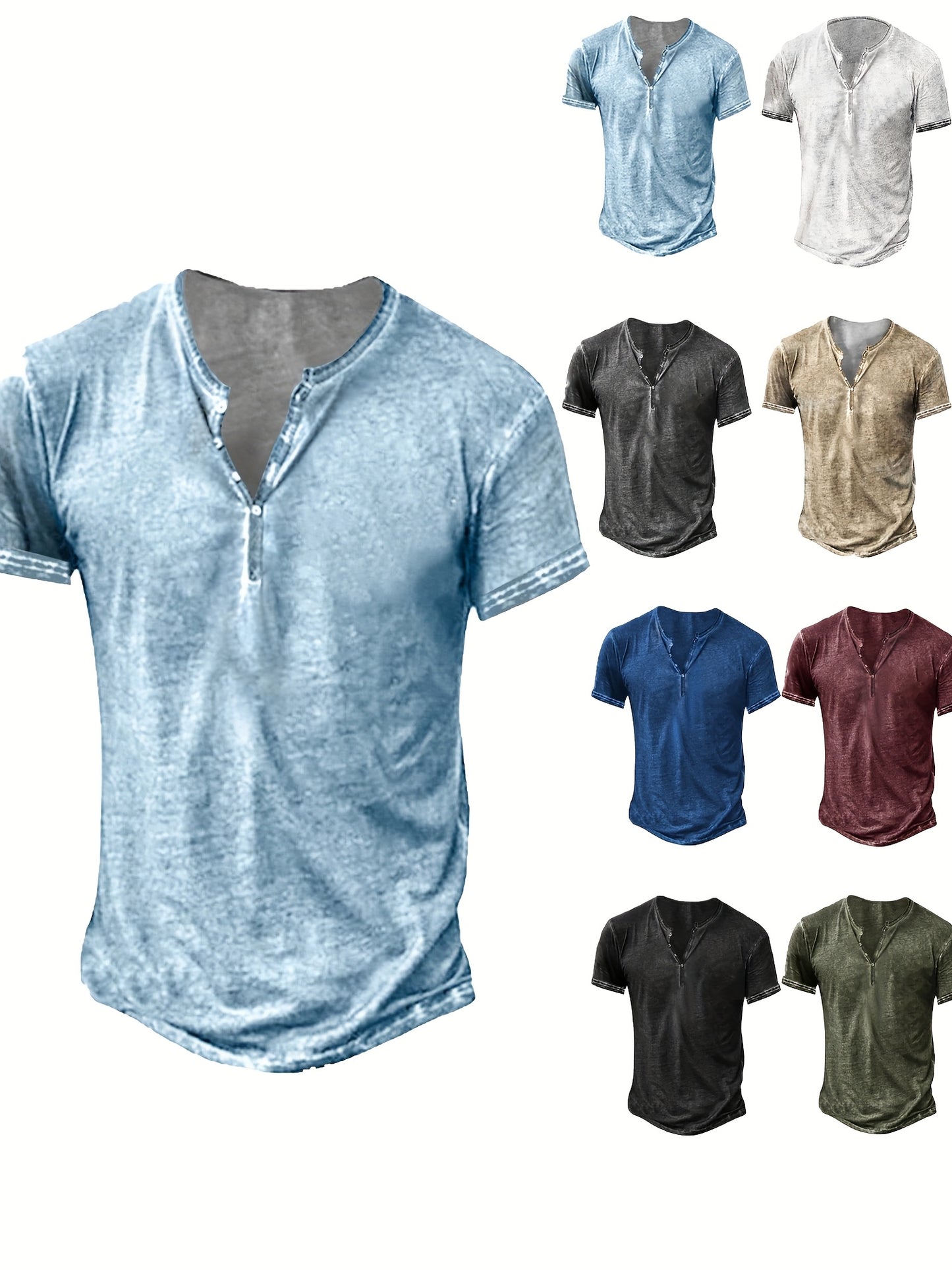Mens Distressed Henley Shirt Short Sleeve Cotton Slim Fit