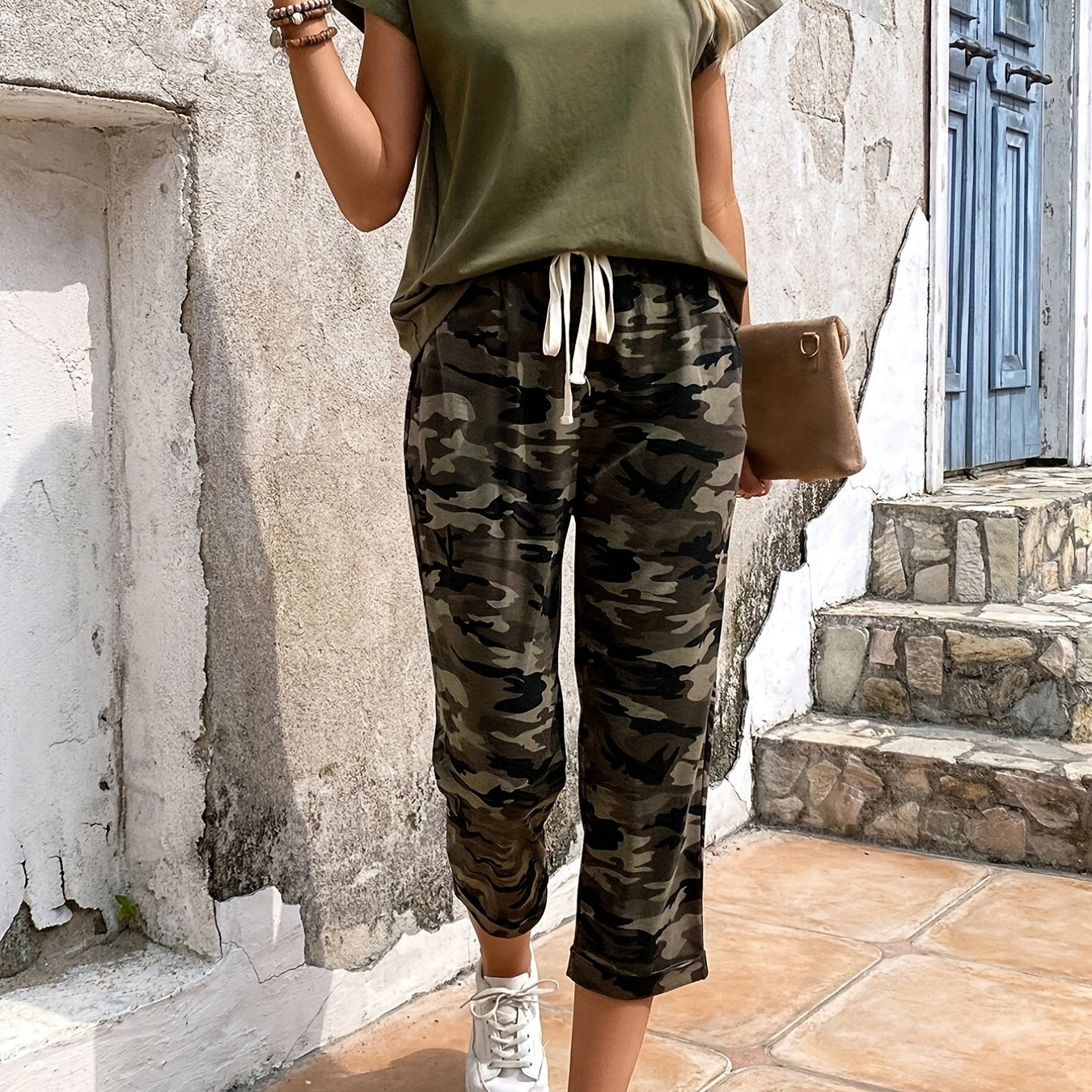 SCACTO Dolman Sleeve T Shirt Camouflage Drawstring Pants Set