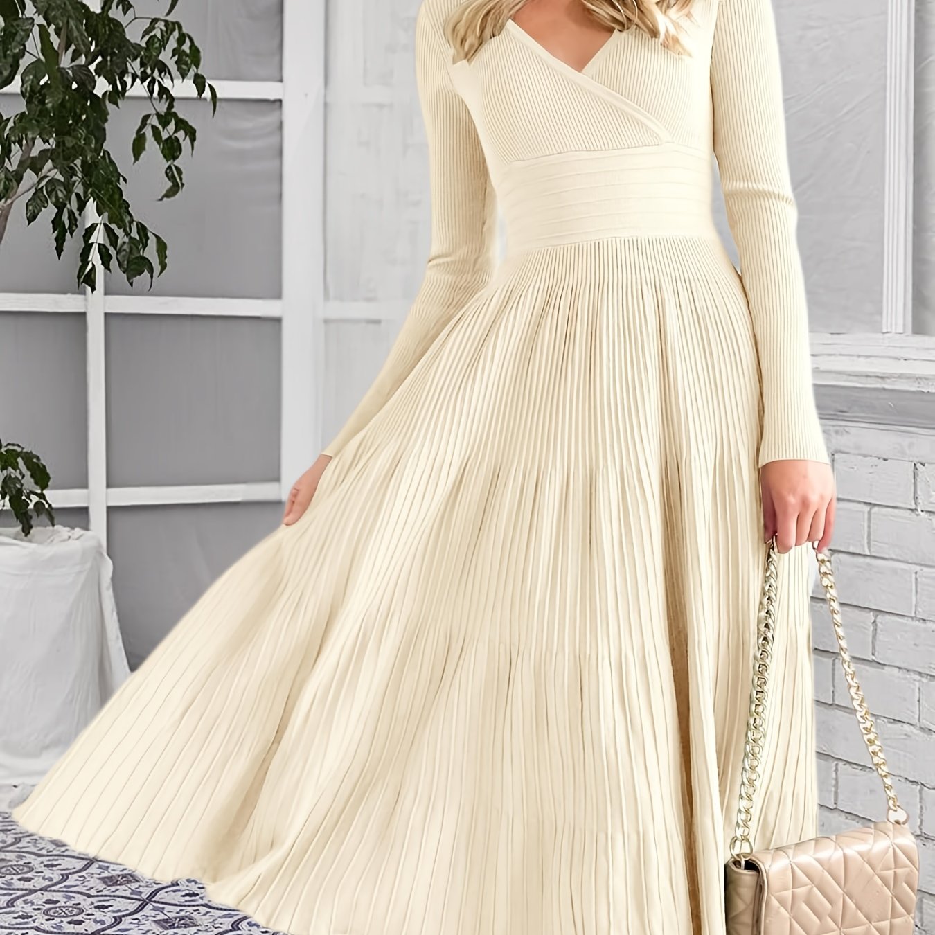 Womens V Neck Midi Sweater Dress Wrap Pleated A Line