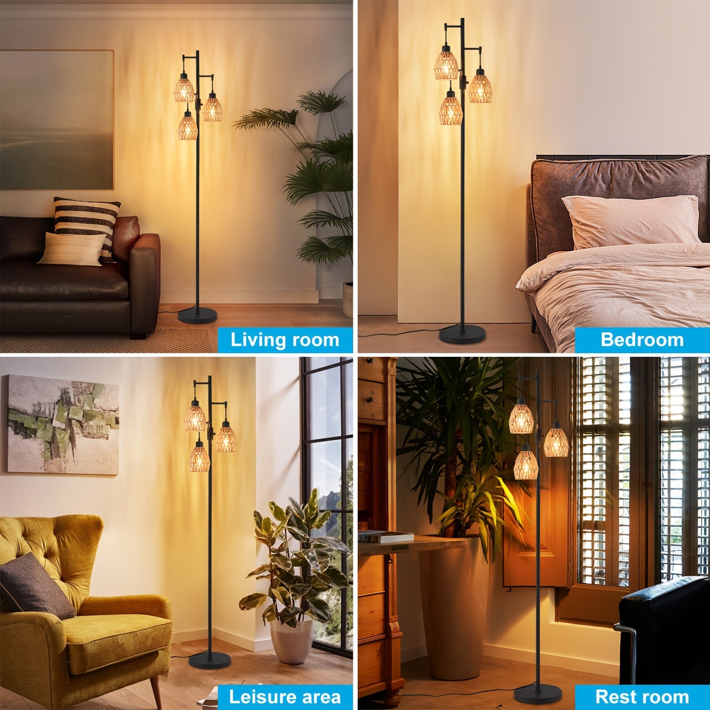 Boho Rattan Tree Floor Lamp With Dimmable Adjustable Lighting