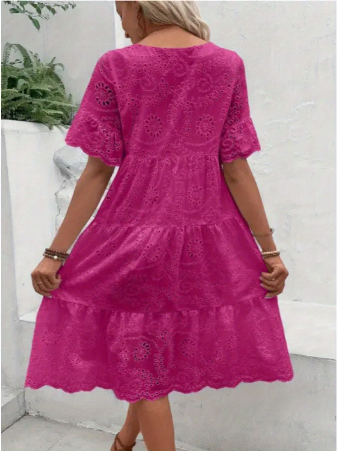 Lined Embroidered Lace Eyelet A Line Dress Button Front