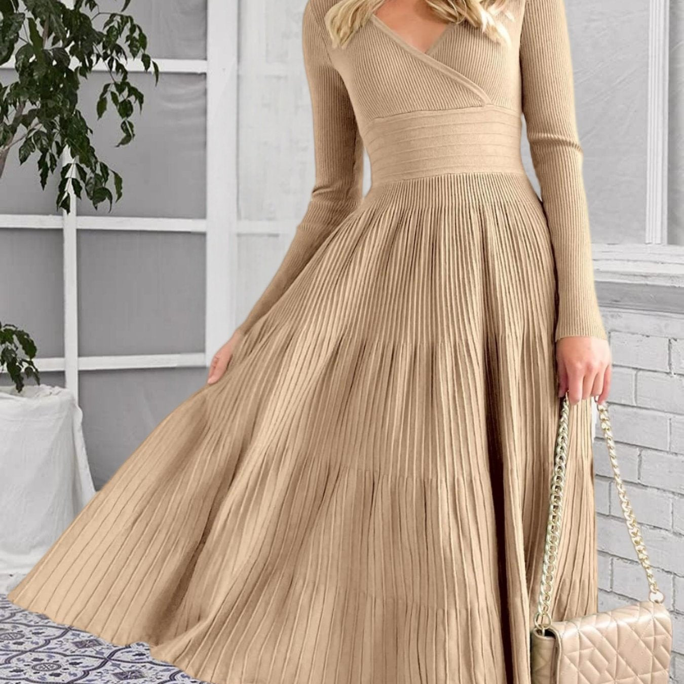 Womens V Neck Midi Sweater Dress Wrap Pleated A Line