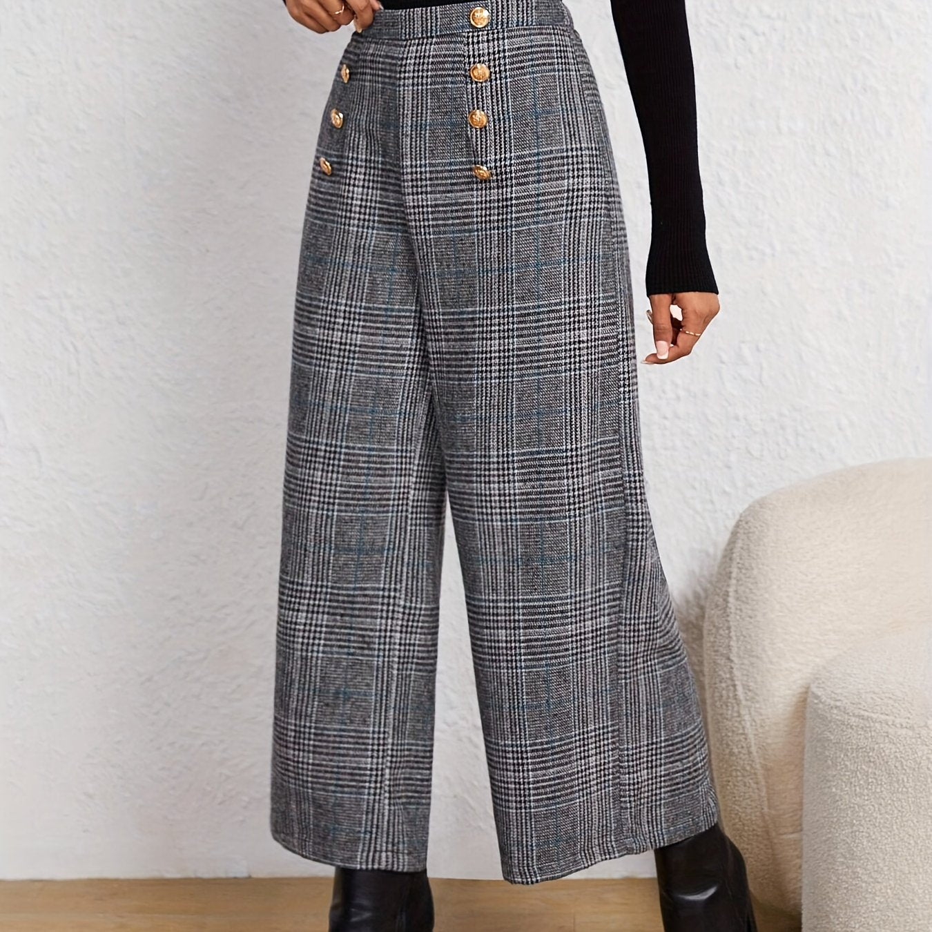 Plaid Print Wide Leg Pants With Button High Waist For All Season Spring And Summer