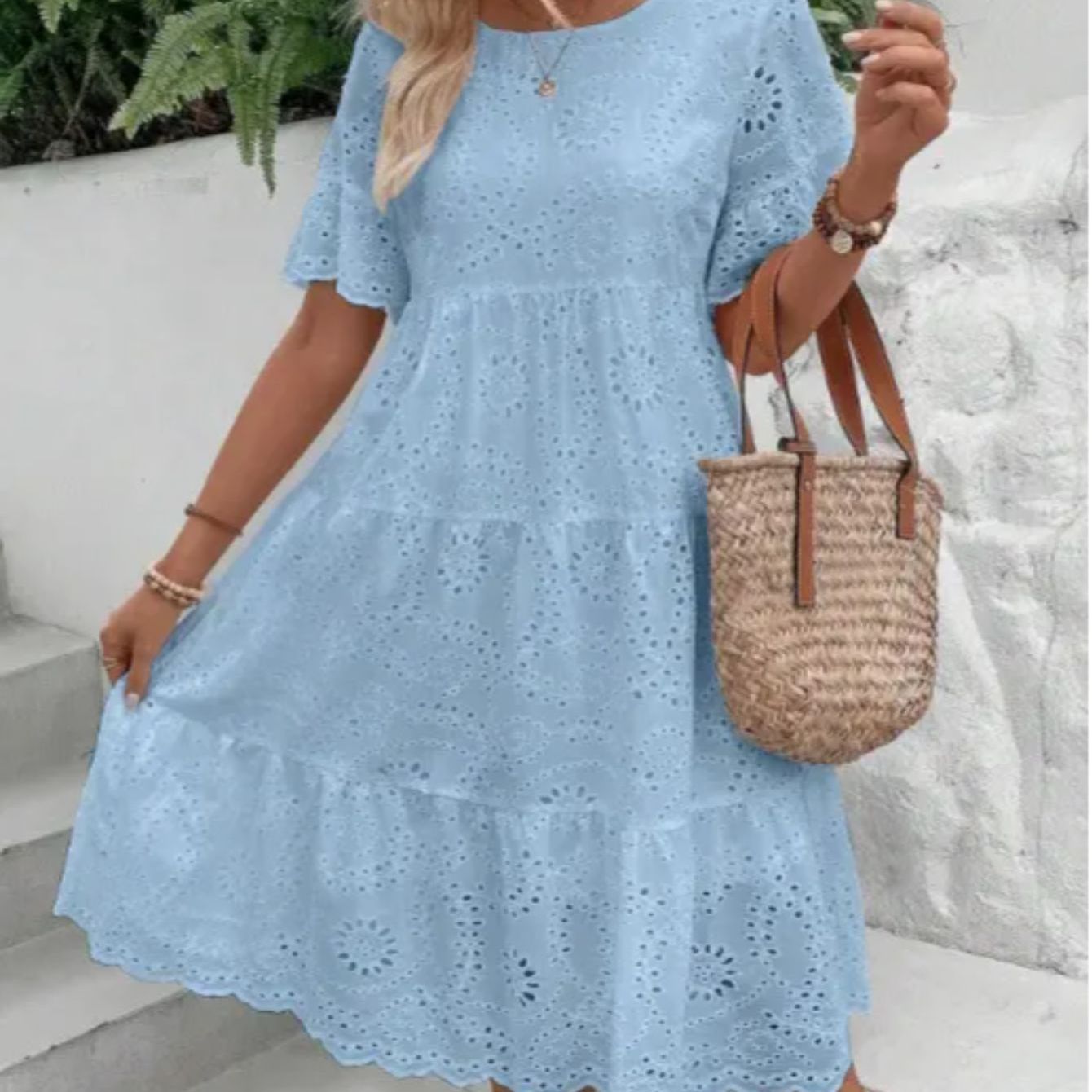 Lined Embroidered Lace Eyelet A Line Dress Button Front