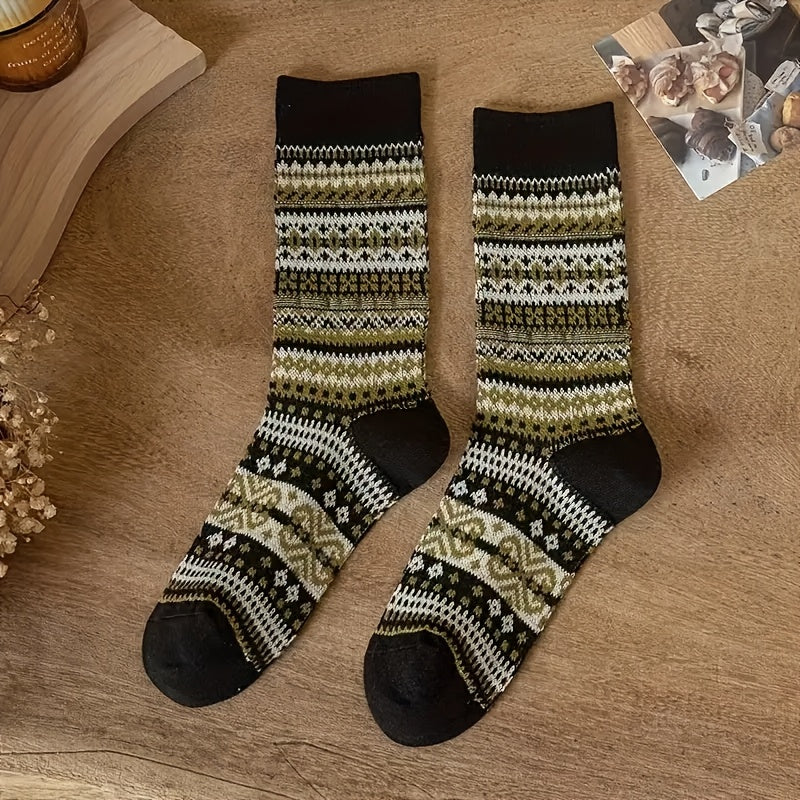 Retro Ethnic Mid Calf Socks For Women Chunky Knit Autumn
