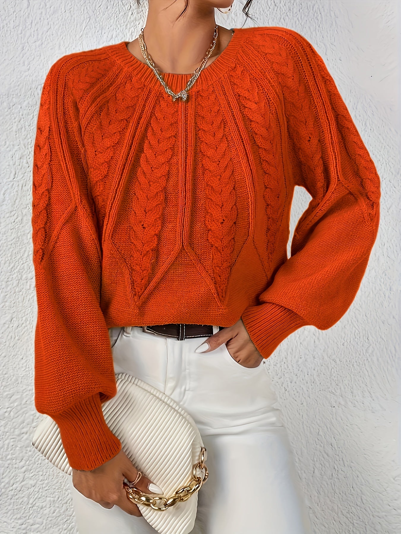 Womens Elegant Round Neck Sweater Solid Knitwear For Fall