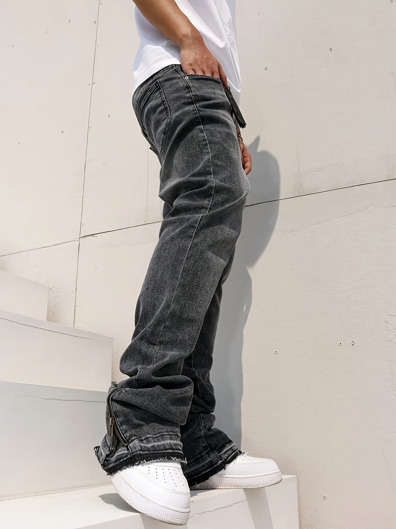 HME Men's Slimming Straight Jeans Split Hem Zipper Denim