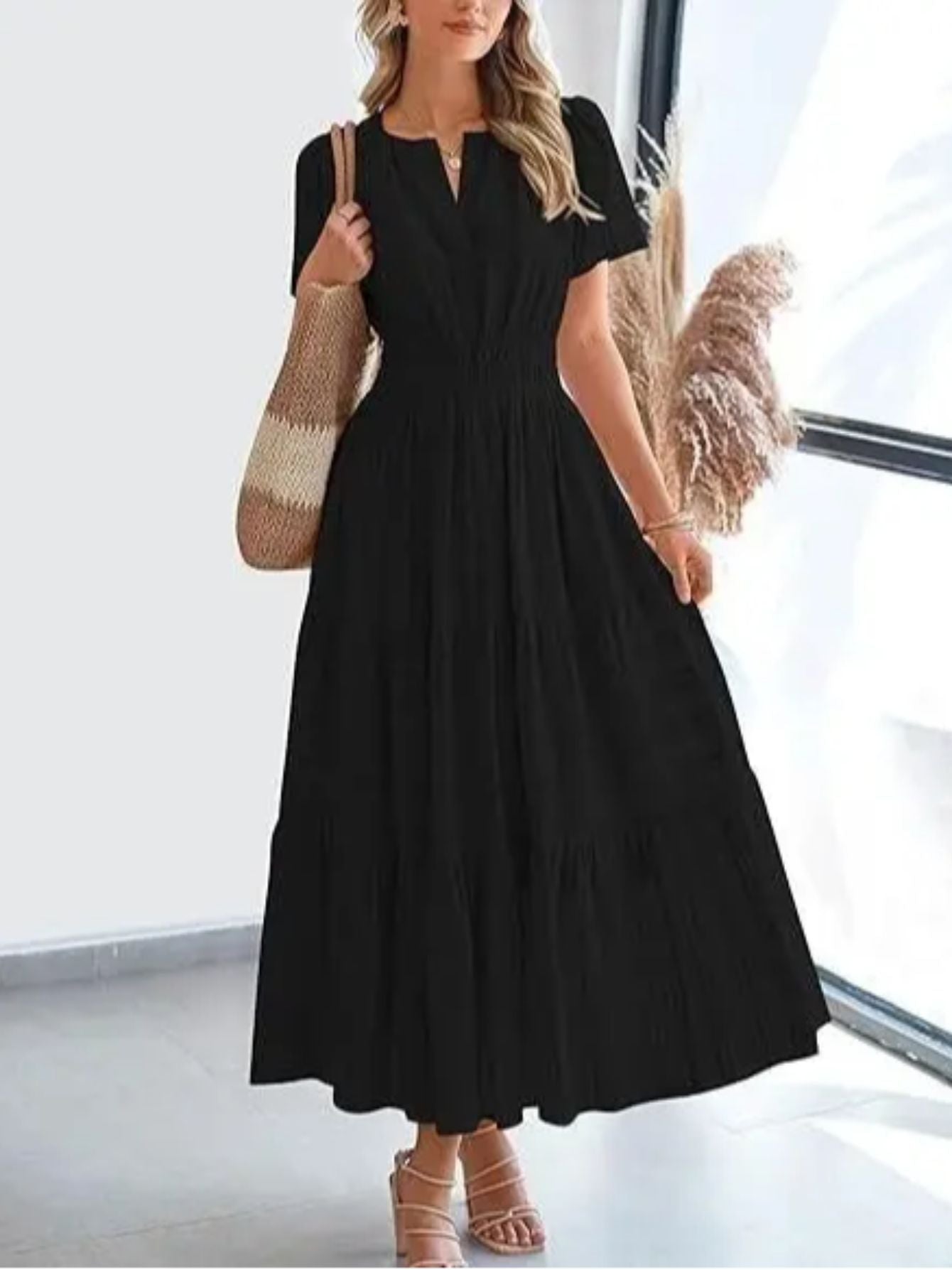 ZOELNIC Pleated Bubble Sleeve Dress V Neck Elegant Swing