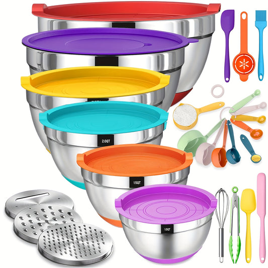 Stainless Steel Mixing Bowls Set with Airtight Lids and Tools