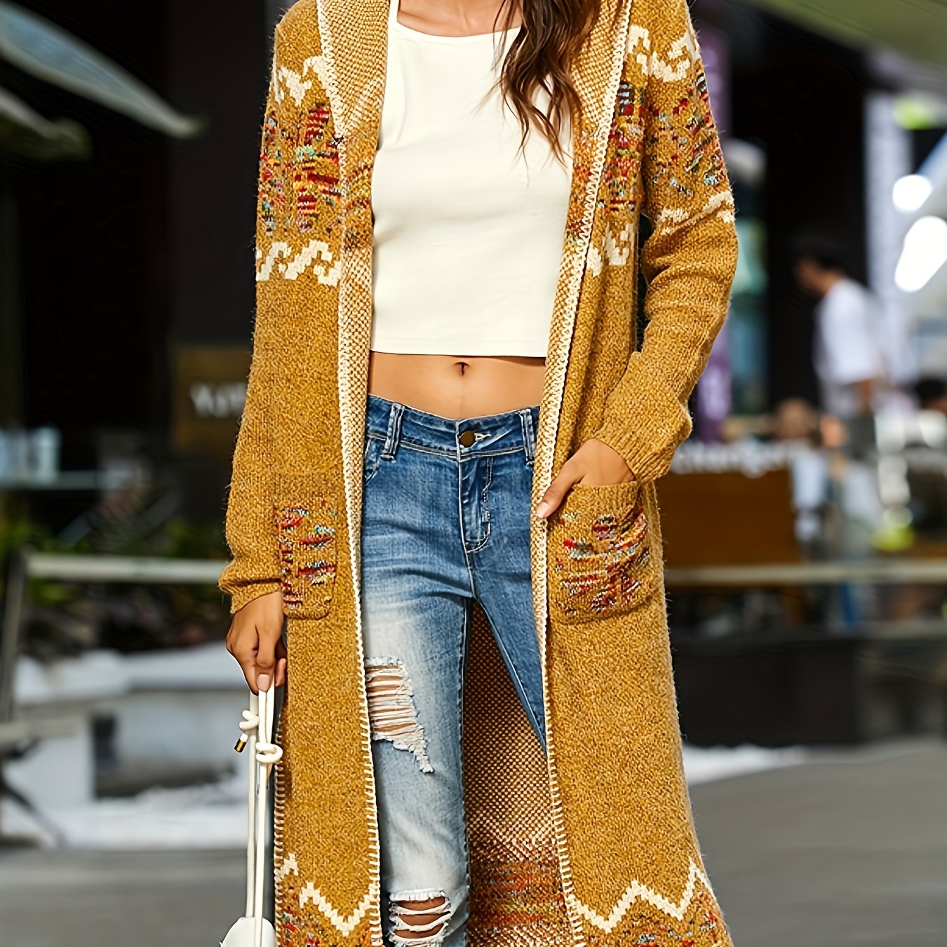 Jacquard Cardigan Geometric Knit With Pockets Fall Winter