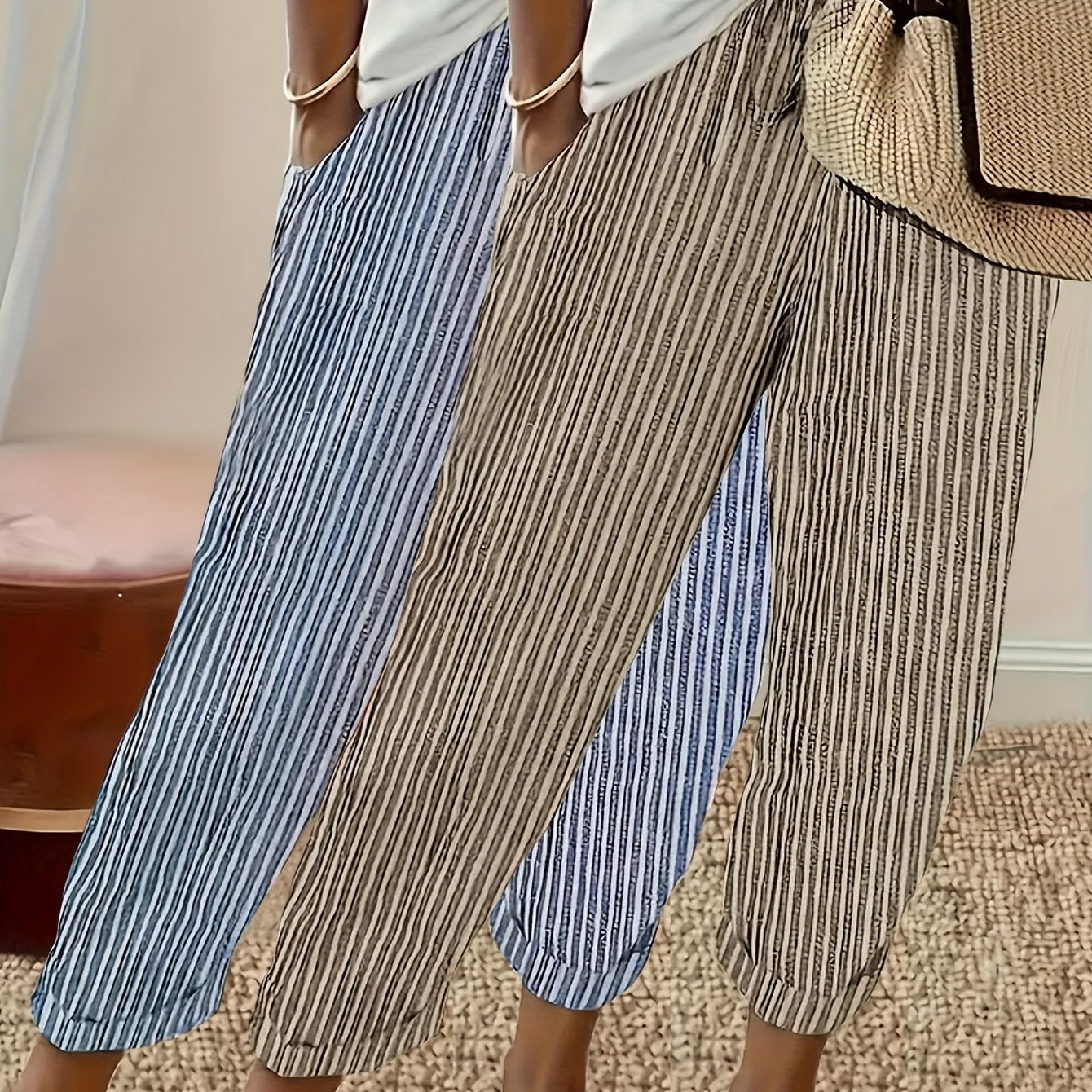 Two Pack Striped Casual Polyester Pants All Season Wear