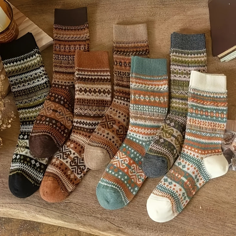 Retro Ethnic Mid Calf Socks For Women Chunky Knit Autumn