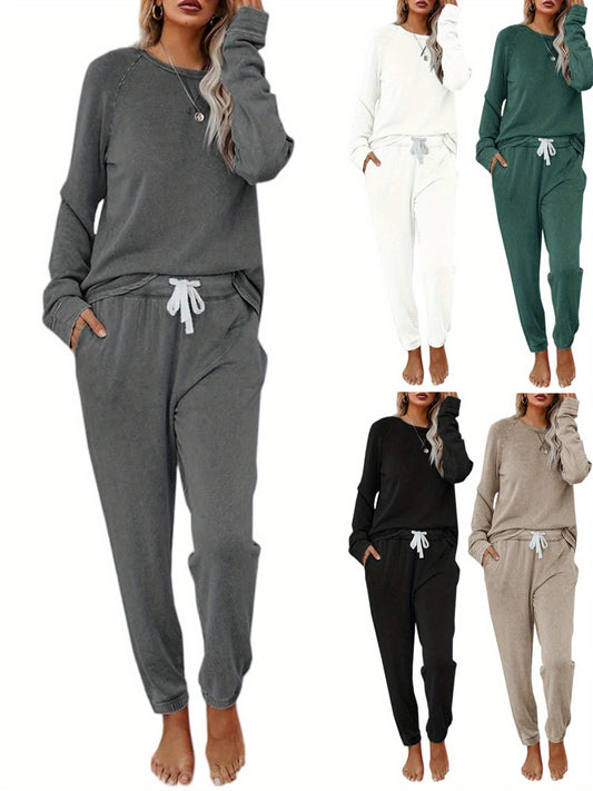 Women Solid Sweatsuit Set Crewneck Pullover Sweatpants