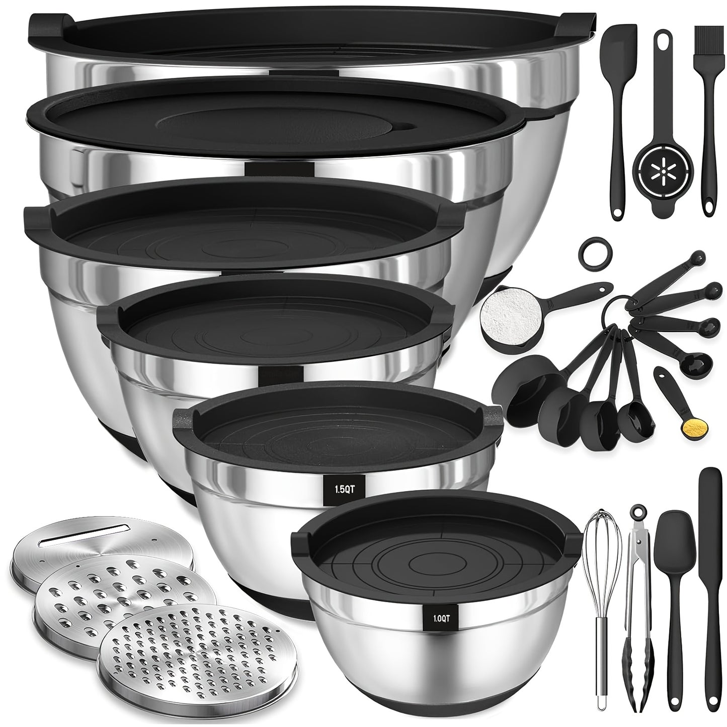 Stainless Steel Mixing Bowls Set with Airtight Lids and Tools