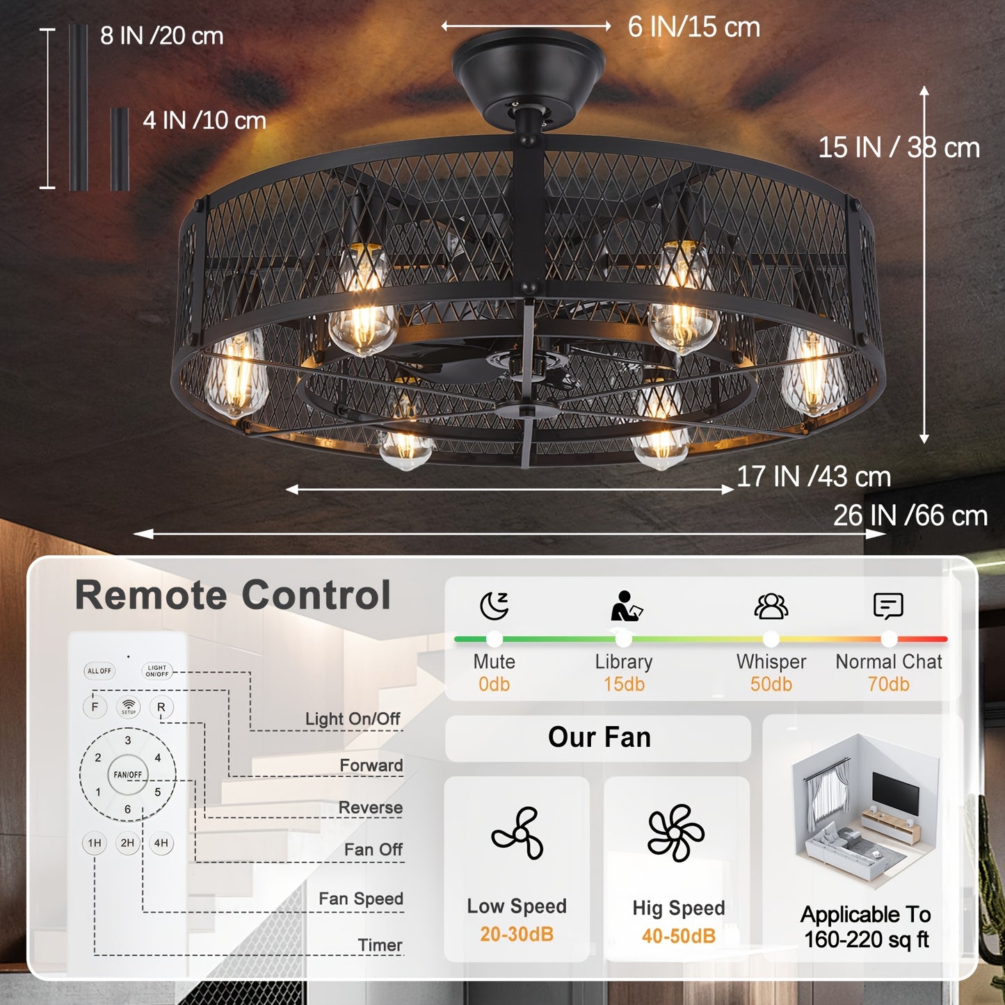 Industrial Ceiling Fan with Light and Remote Control for Spaces