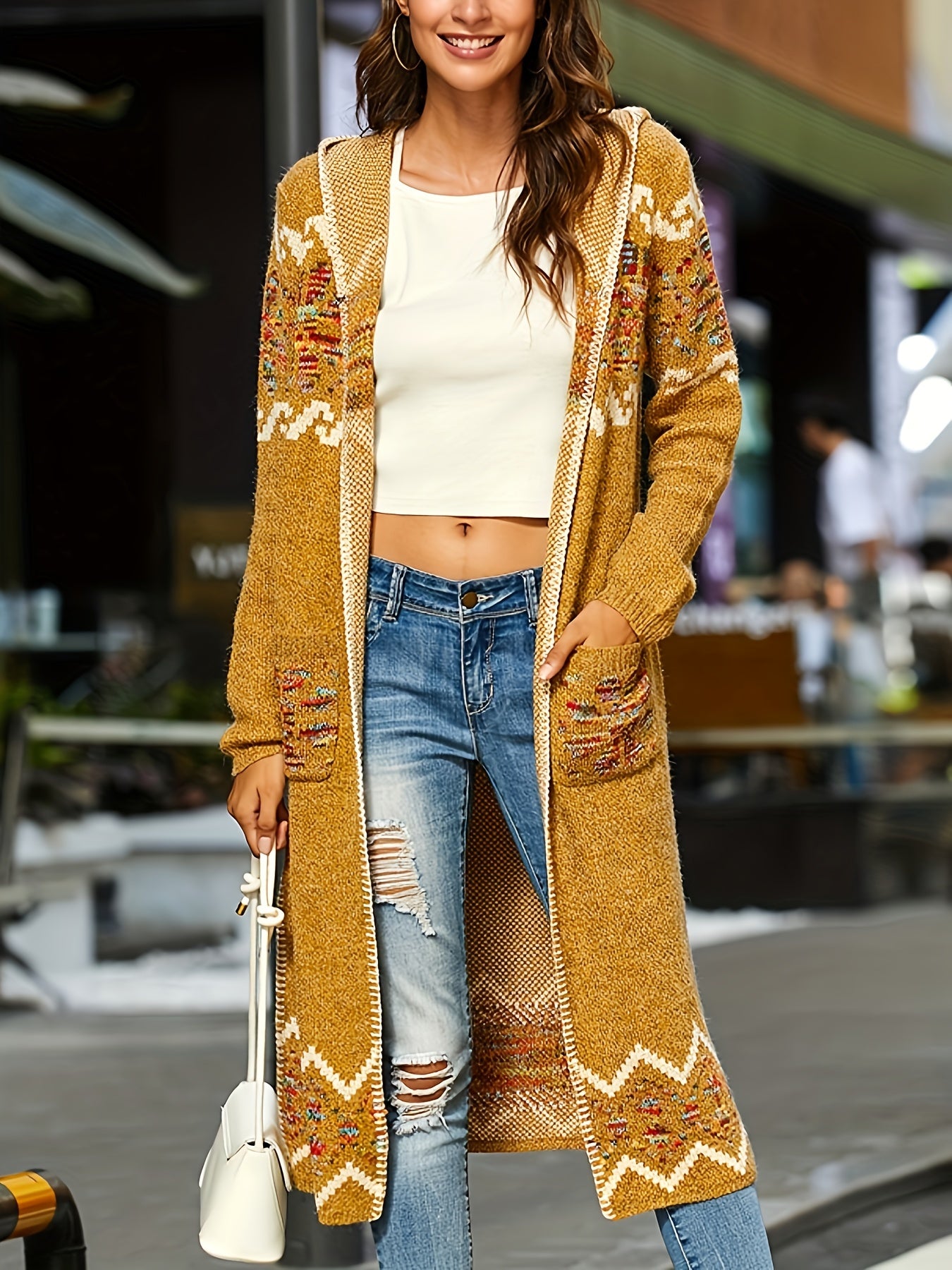 Jacquard Cardigan Geometric Knit With Pockets Fall Winter