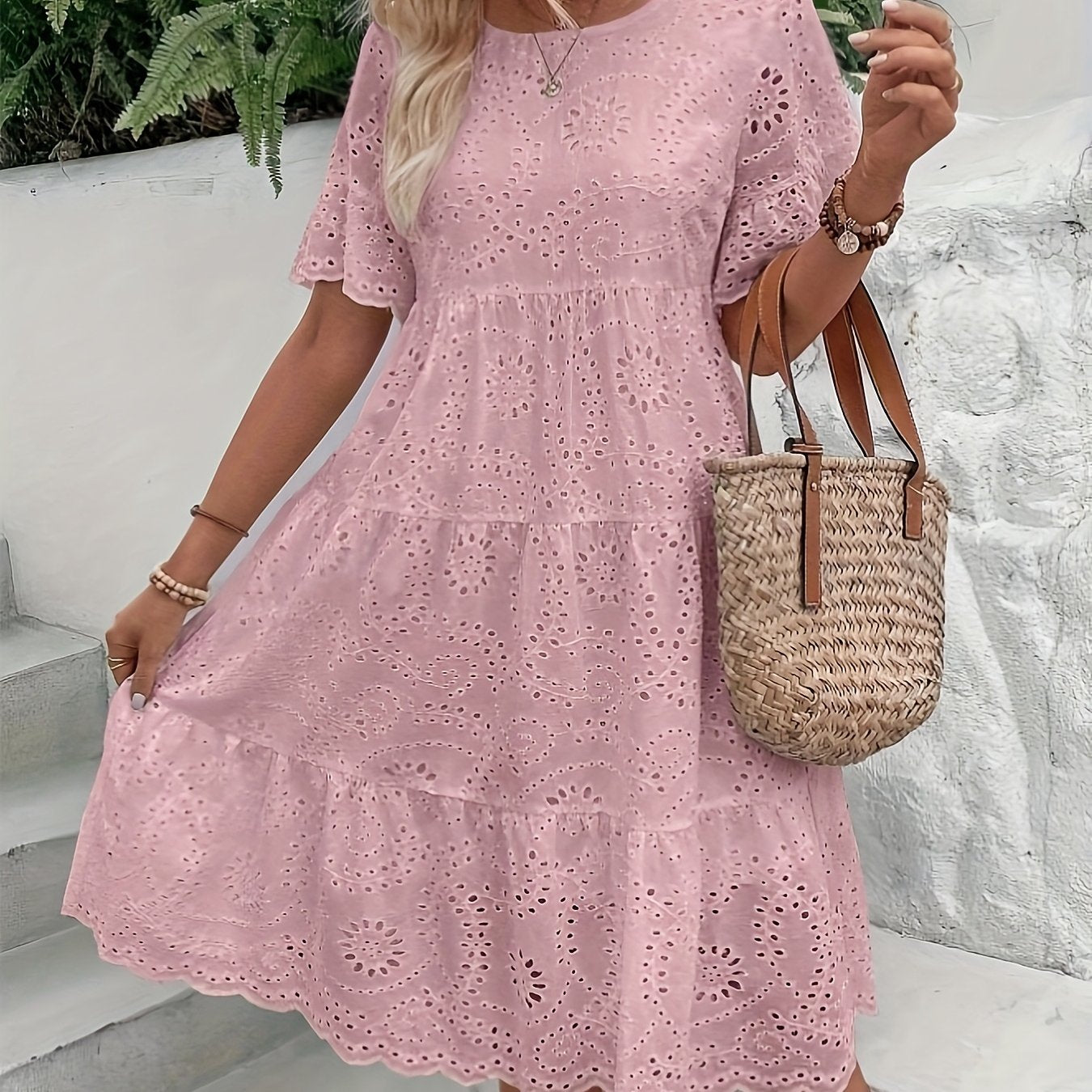 Lined Embroidered Lace Eyelet A Line Dress Button Front