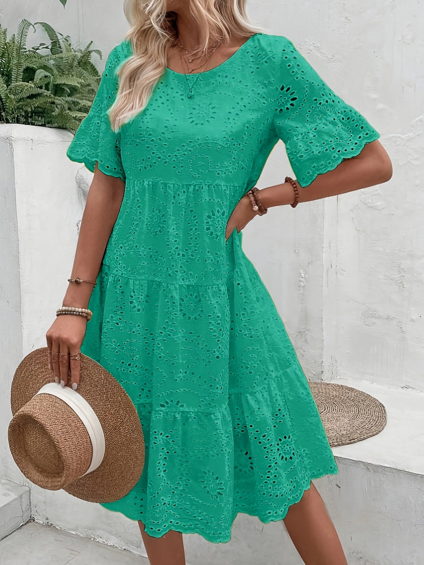 Lined Embroidered Lace Eyelet A Line Dress Button Front