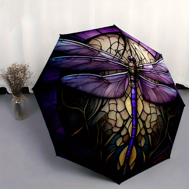 Windproof Automatic Umbrella with Elegant Purple and Golden Stained Glass Dragonfly Pattern Portable Folding Design Lightweight for Women and Men