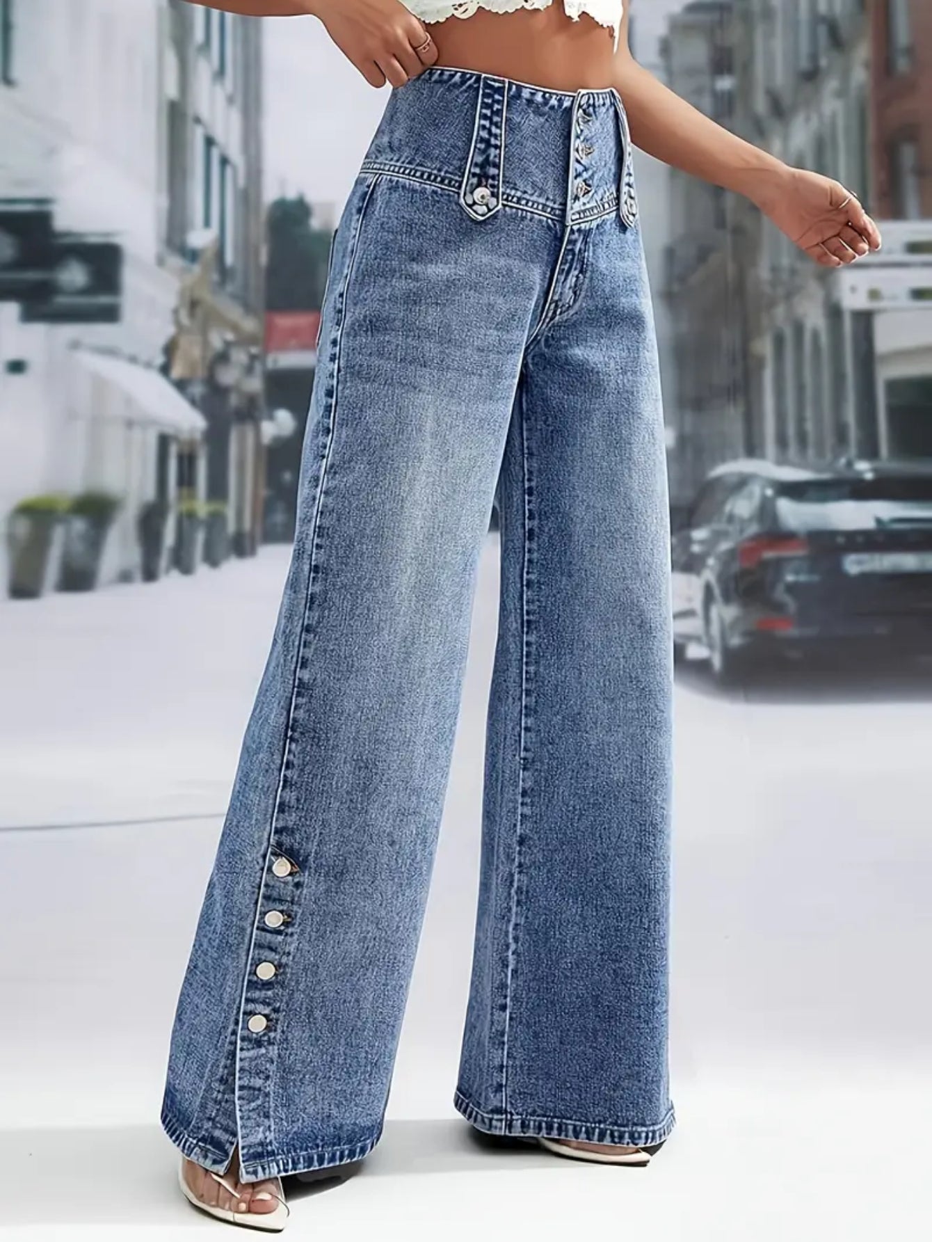 Casual Denim Baggy Wide Leg Jeans for Women Loose Fit Button Waist with Open Button Foot Design