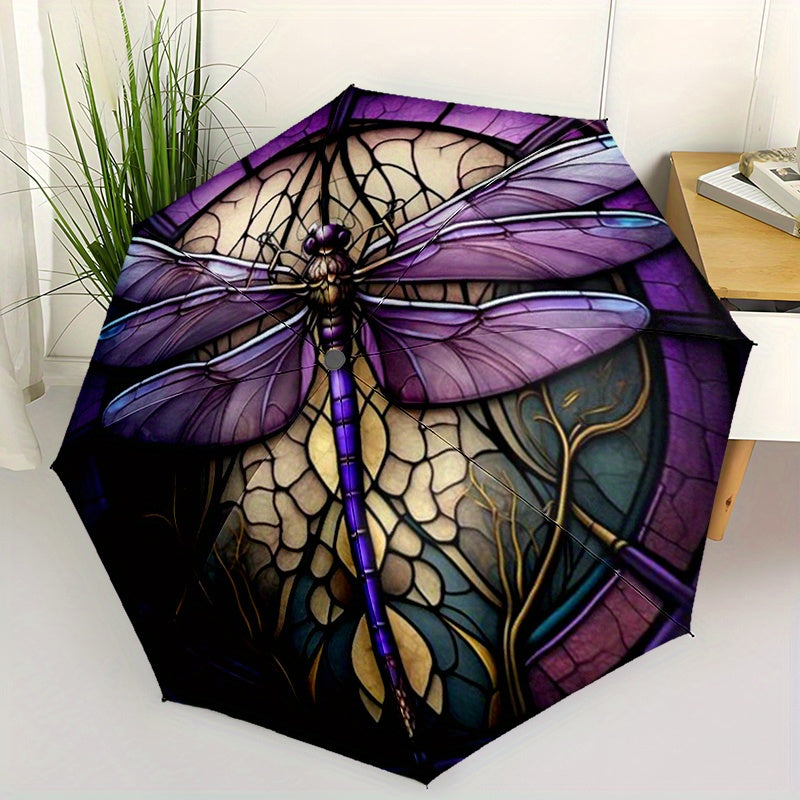 Windproof Automatic Umbrella with Elegant Purple and Golden Stained Glass Dragonfly Pattern Portable Folding Design Lightweight for Women and Men