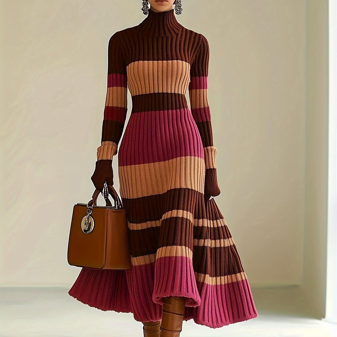 Nian Nian Selection Block Striped Knit Sweater Dress
