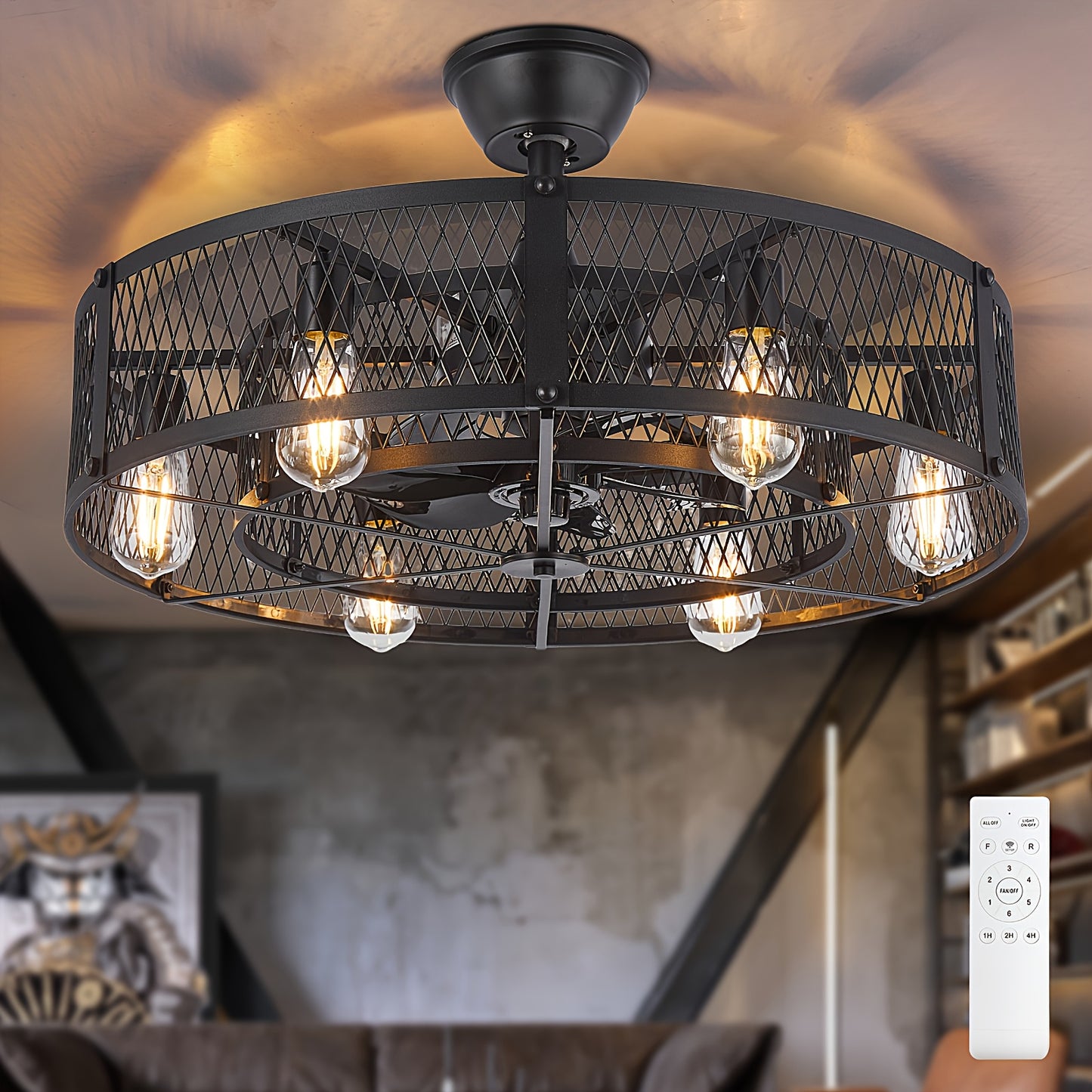 Industrial Ceiling Fan with Light and Remote Control for Spaces