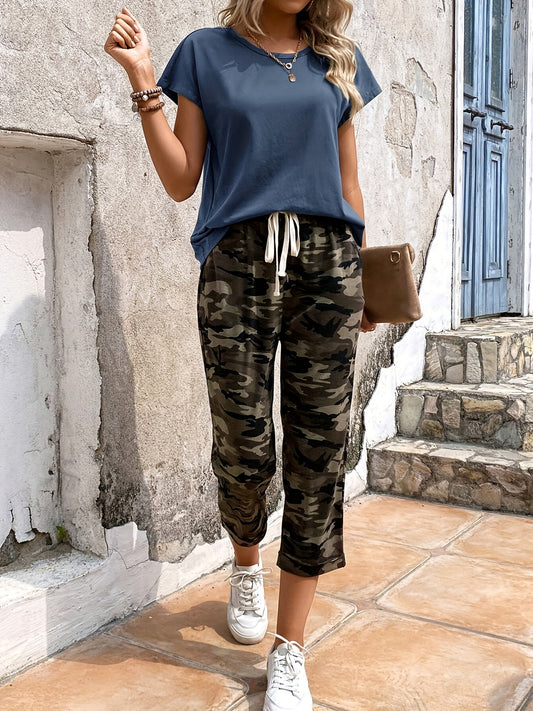 SCACTO Dolman Sleeve T Shirt Camouflage Drawstring Pants Set