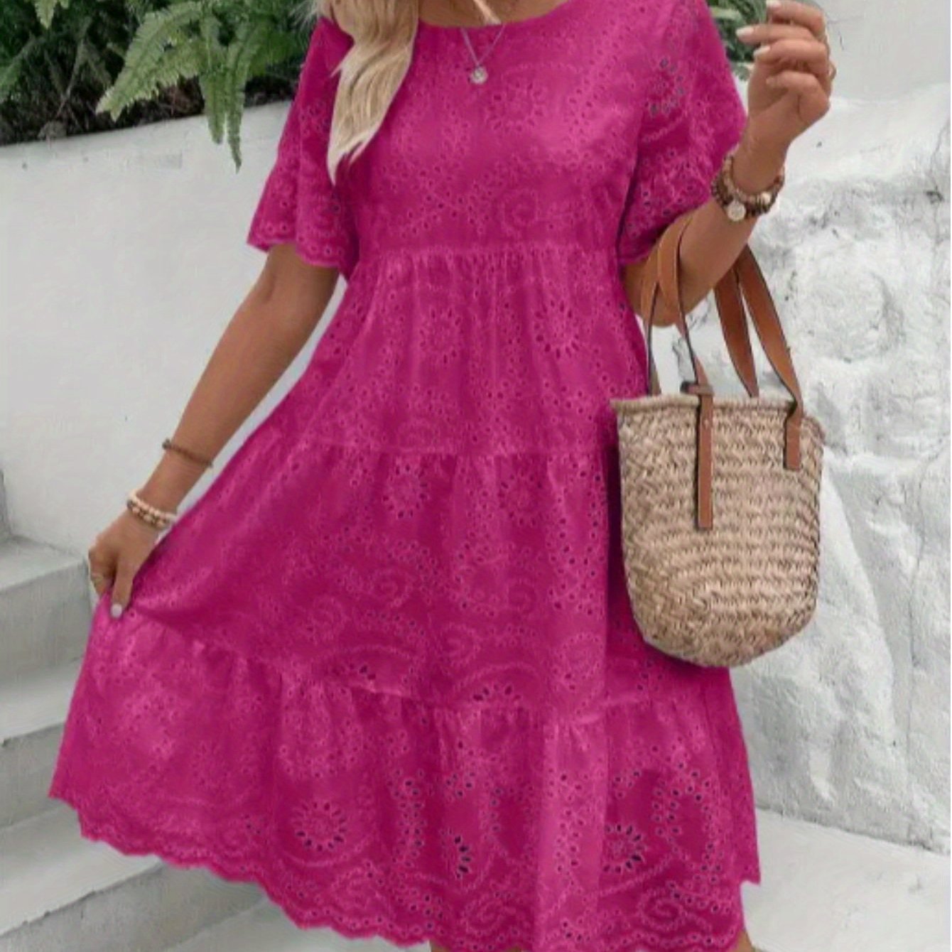 Lined Embroidered Lace Eyelet A Line Dress Button Front