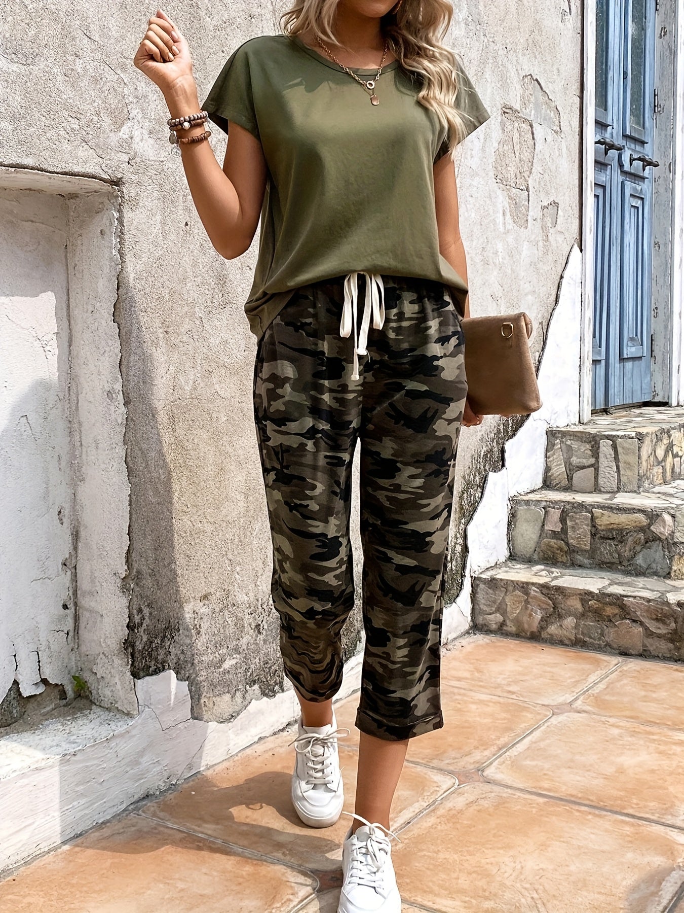 SCACTO Dolman Sleeve T Shirt Camouflage Drawstring Pants Set