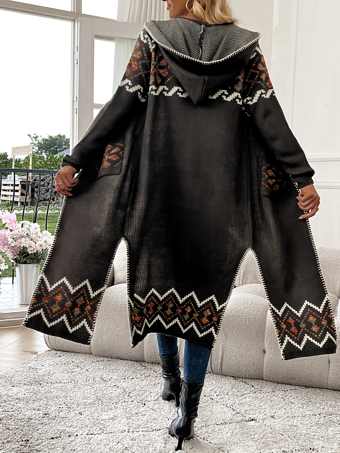 Jacquard Cardigan Geometric Knit With Pockets Fall Winter