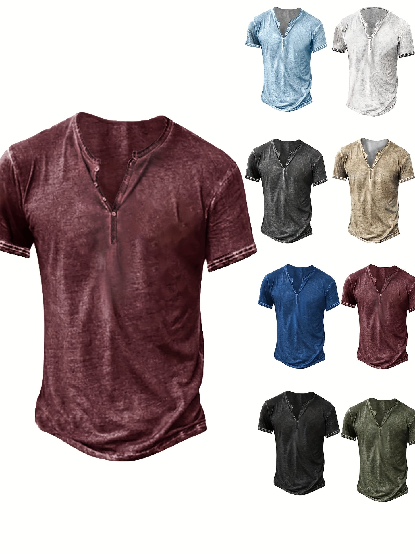 Mens Distressed Henley Shirt Short Sleeve Cotton Slim Fit
