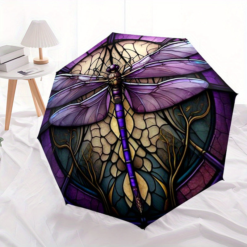 Windproof Automatic Umbrella with Elegant Purple and Golden Stained Glass Dragonfly Pattern Portable Folding Design Lightweight for Women and Men