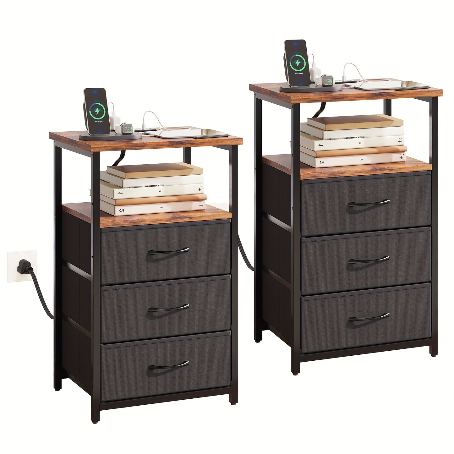WHONLINE Night Stand with Charging Station and Fabric Drawers