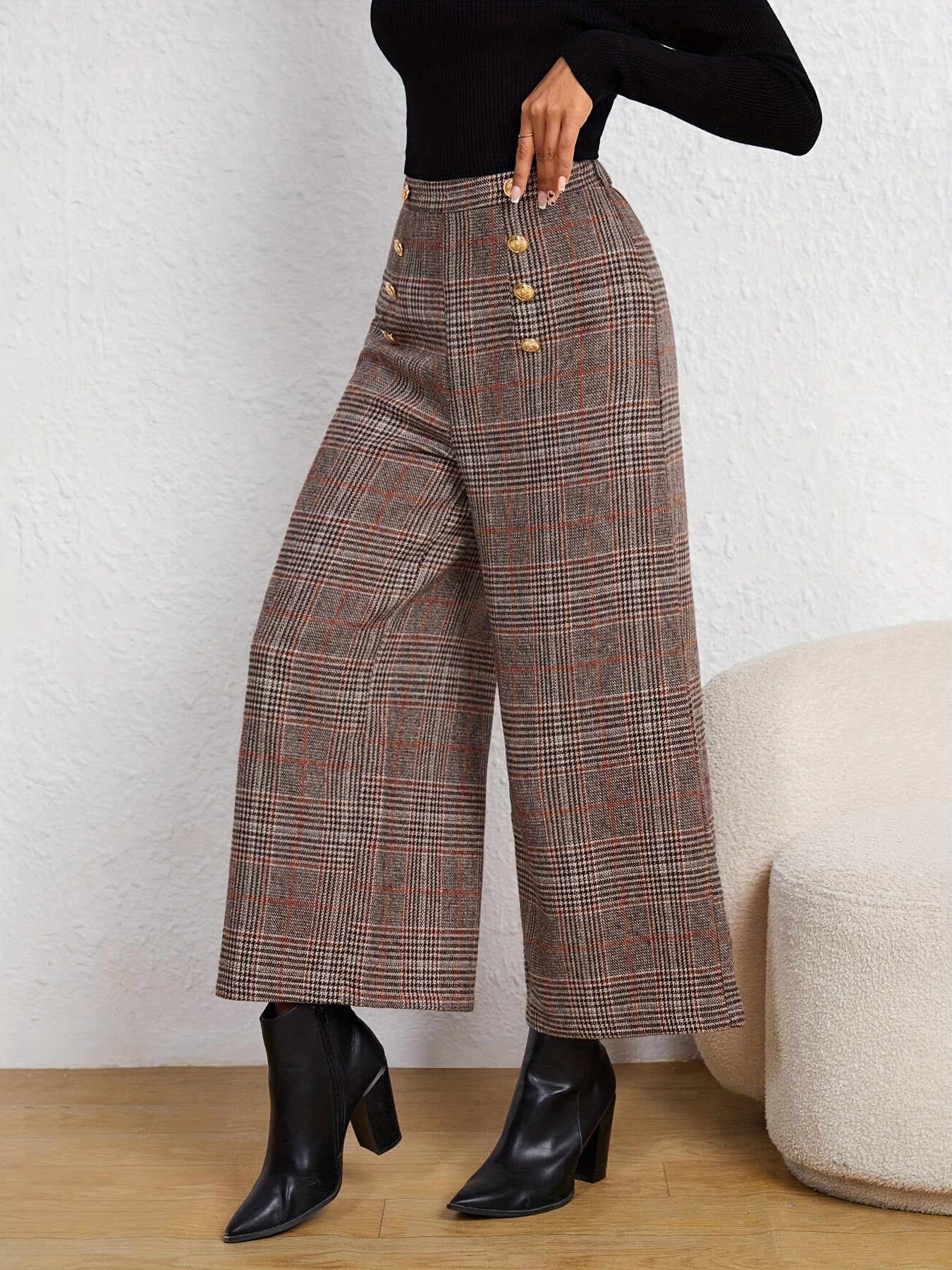 Plaid Print Wide Leg Pants With Button High Waist For All Season Spring And Summer